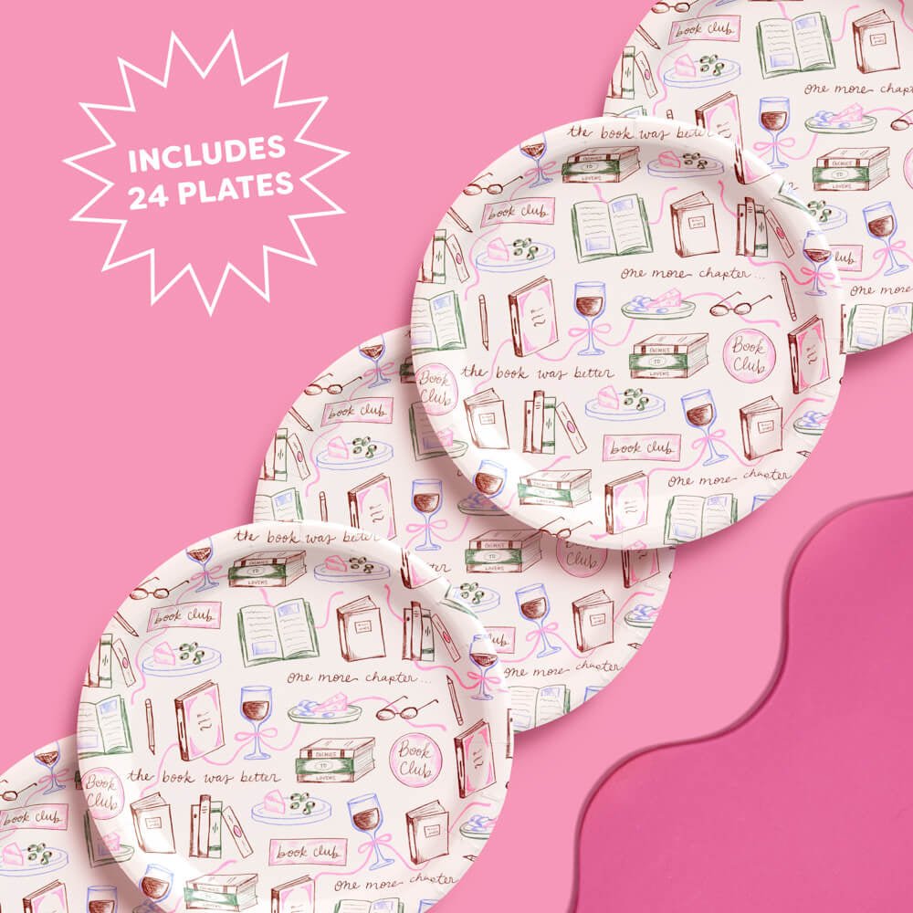Book club paper plates in blush pink with hand-drawn books, wine glasses, and reading slogans like the book was better for a book club party