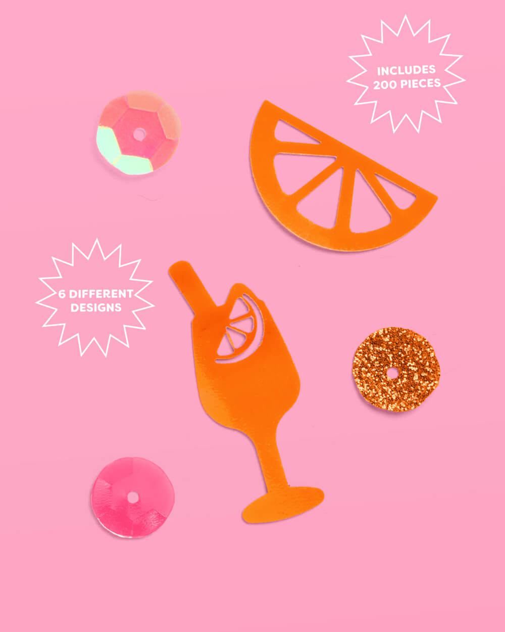 Spritz confetti close up, 200 pieces in 6 designs of orange slices, cocktail glasses, and sequins