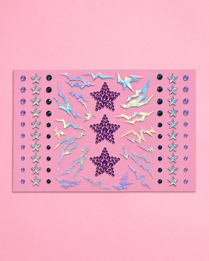 Full sheet of Kpop face gems arranged in rows around three large purple jeweled stars.