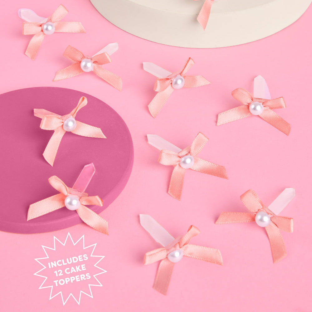 Pink Bow Cake Toppers - 12 pink + pearl cake toppers xo, Fetti cake topper Pink Bow Cake Toppers - 12 pink + pearl cake toppers Bonjour Fete - Party Supplies