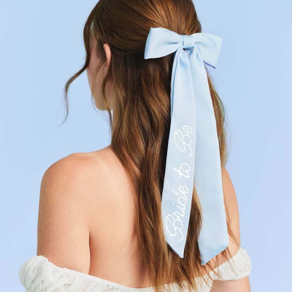 Bride To Be Pearl Bow - light blue satin + pearl logo xo, Fetti bow Bride To Be Pearl Bow - light blue satin + pearl logo Bonjour Fete - Party Supplies