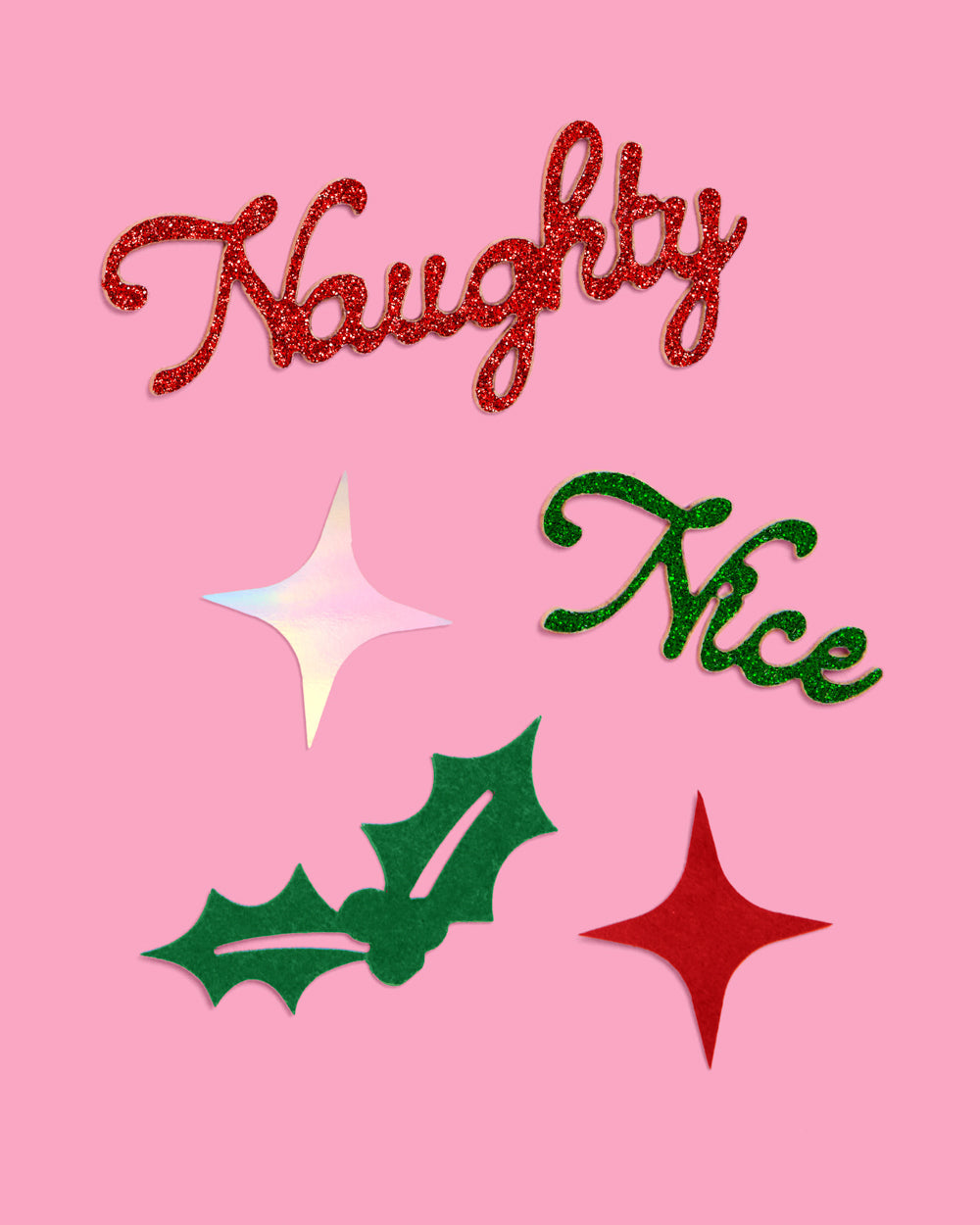 Glitter script Naughty and Nice confetti pieces with red and green holly leaves