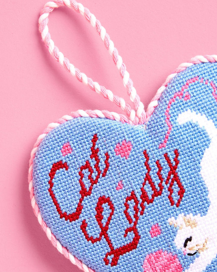 Cat Lady Needlepoint Christmas Ornament in Blue Velvet