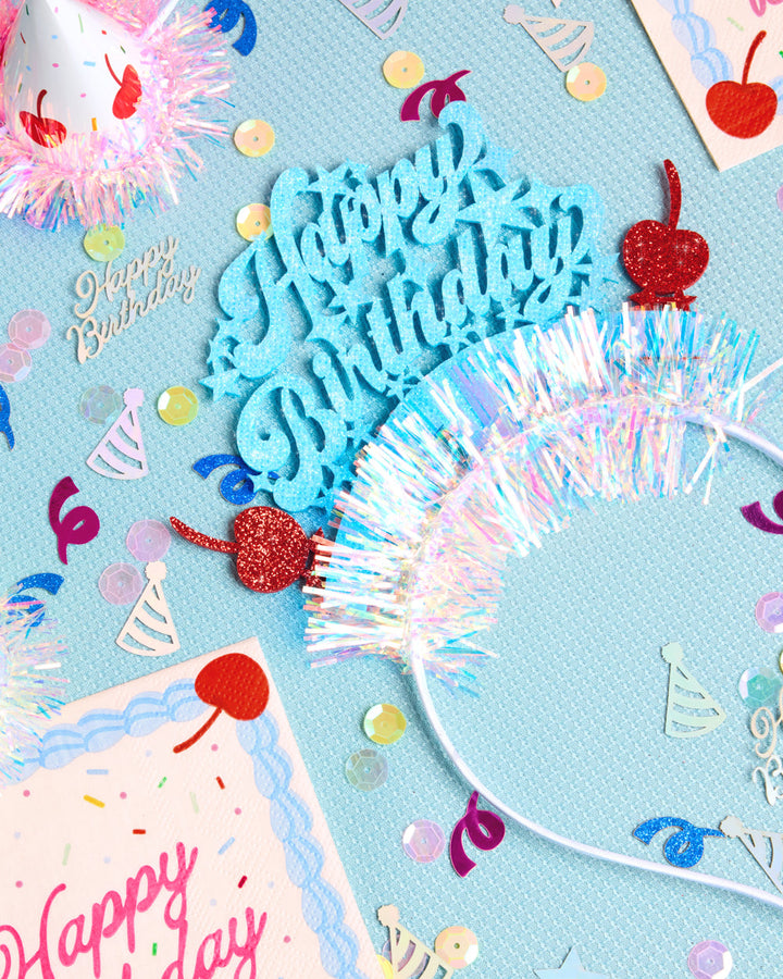 HBD Headband - cherry tinsel headband