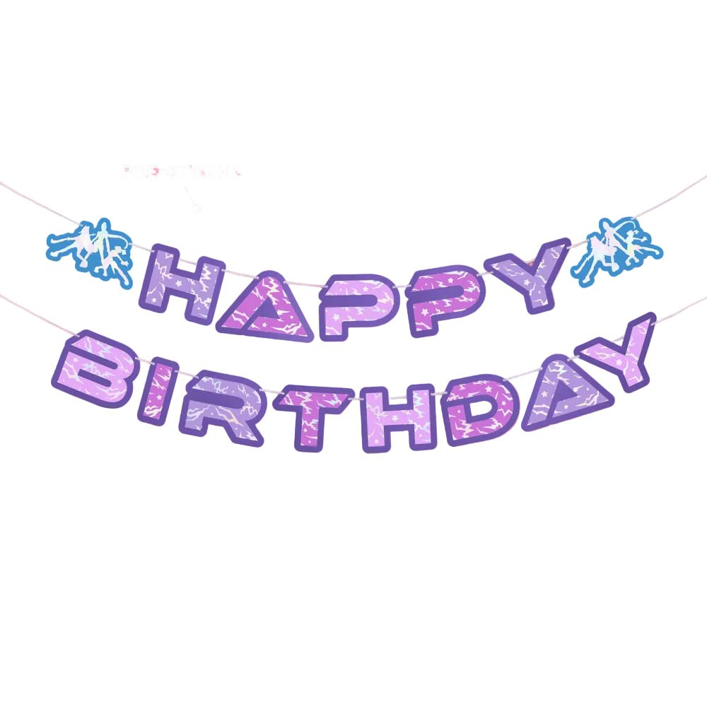 Takedown Happy Birthday letter banner by xo Fetti in purple with a lightning print, five feet pre-strung