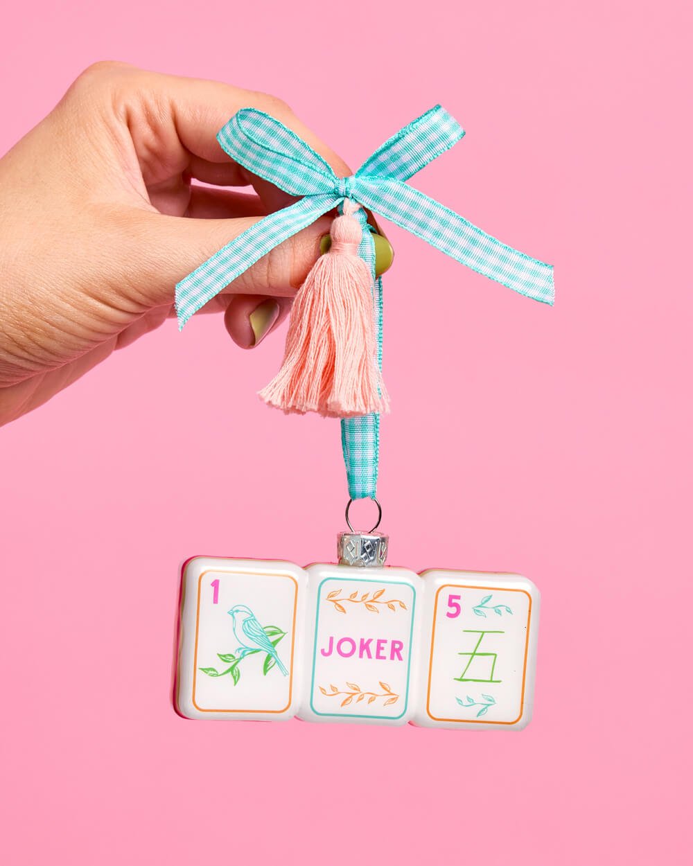 Mahjong Gingham Bow Glass Ornament