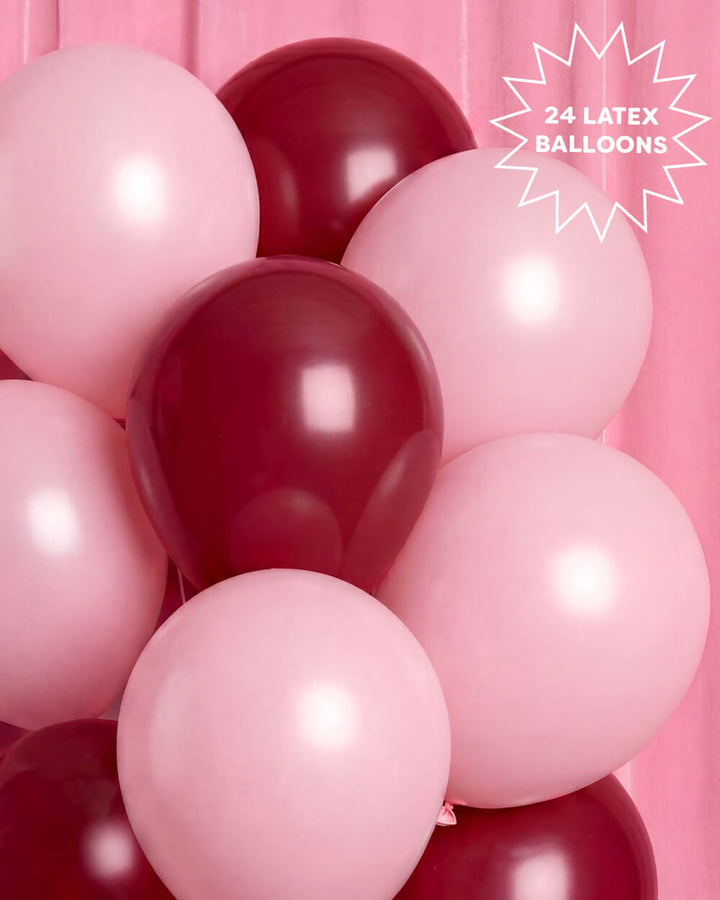 Close-up of the burgundy and pink balloon bunch, a set of 24 latex balloons