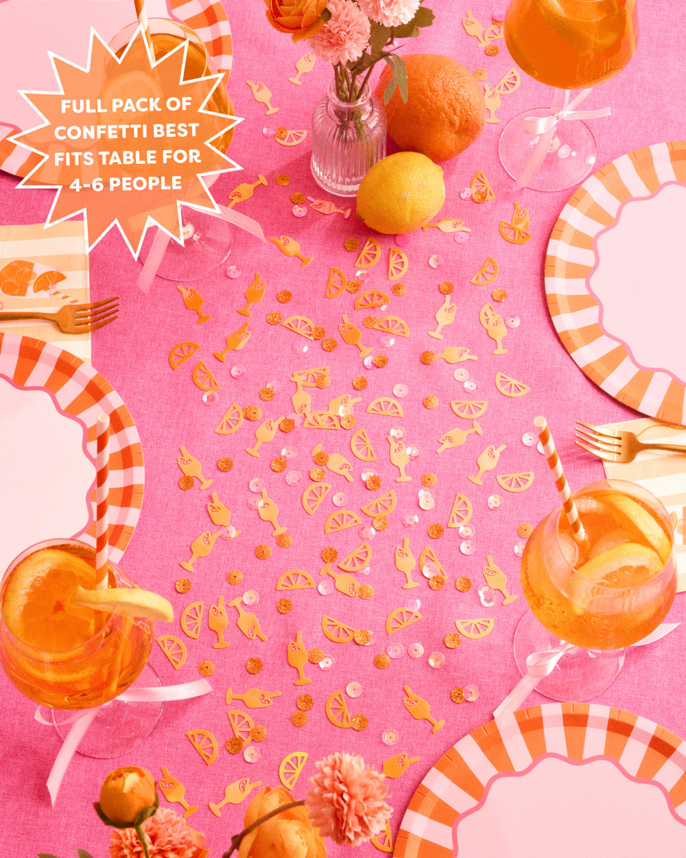 Spritz confetti down the center of a pink party table, a full pack fits a table for four to six