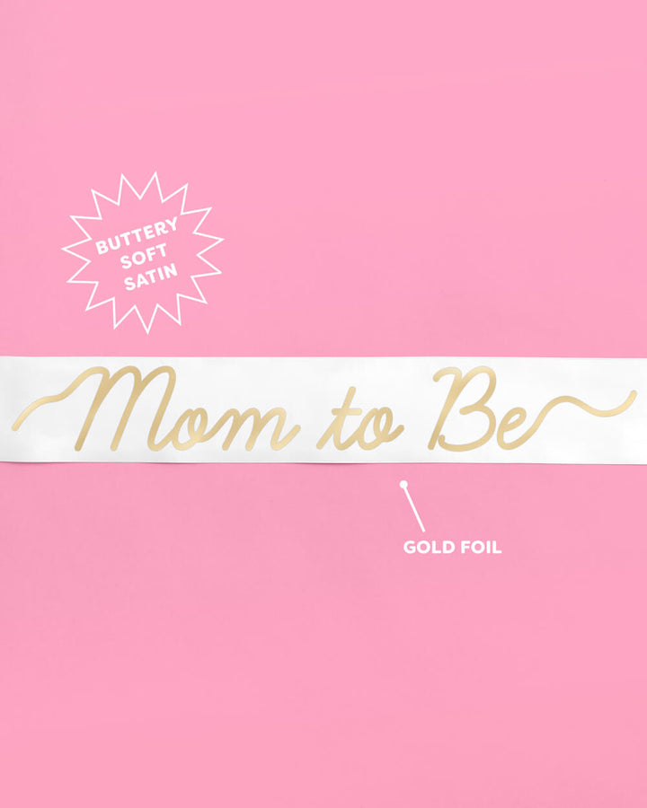 Mom to Be white satin sash for wearing across the body