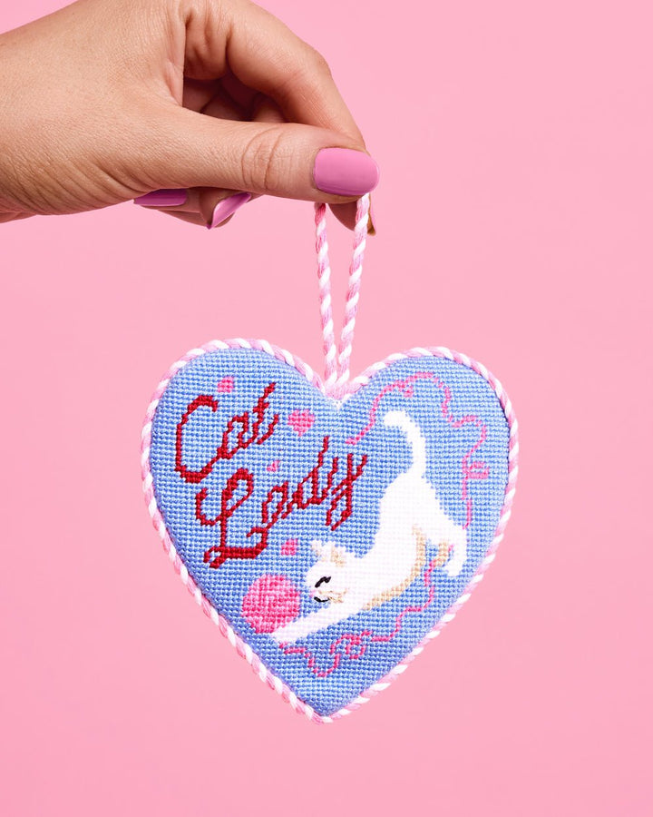 Cat Lady Needlepoint Christmas Ornament in Blue Velvet