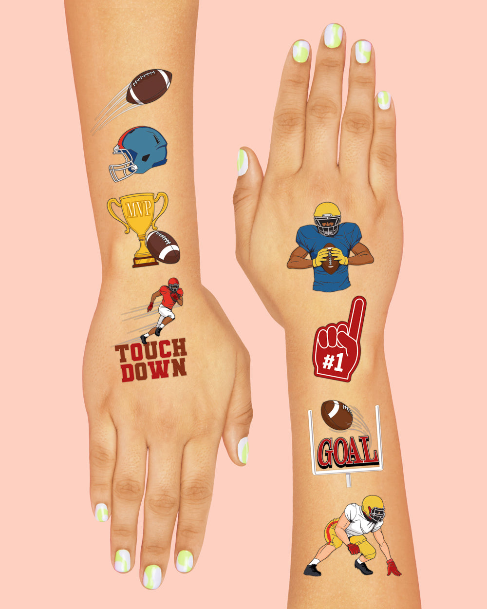 Game day football tattoos applied to a hand and forearm, including a touchdown banner design