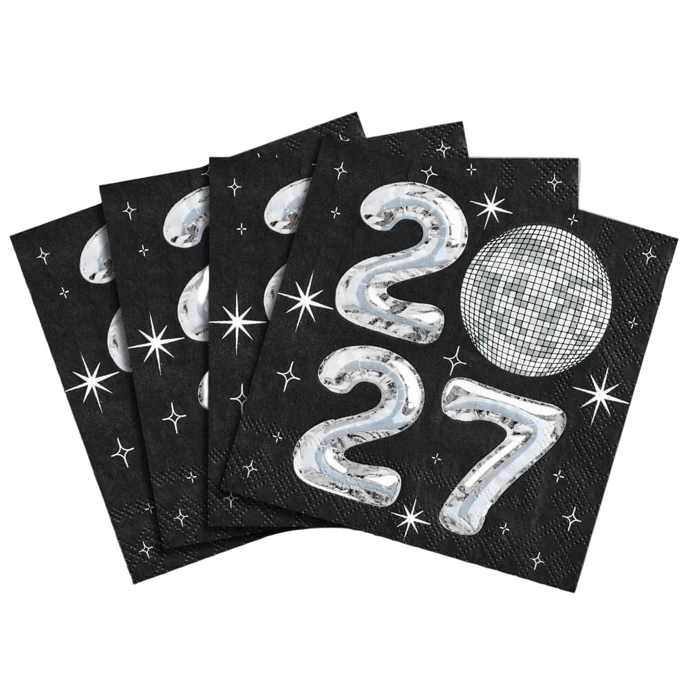 Stack of black 2027 disco napkins fanned out on a white background