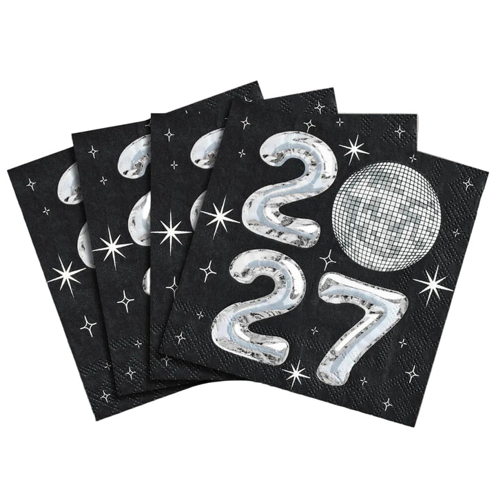 Stack of black 2027 disco napkins fanned out on a white background