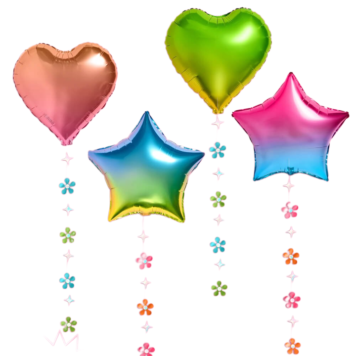 Metallic heart and star foil balloons in rose gold, lime green, blue, and pink with pastel daisy garland streamers for a party photo backdrop