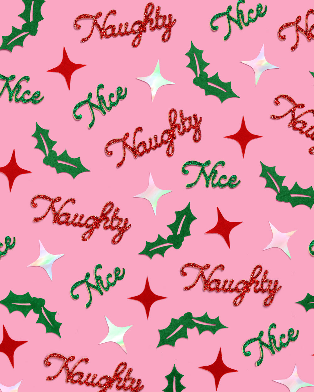 Red, green, and silver Naughty or Nice confetti mix with star and holly shapes