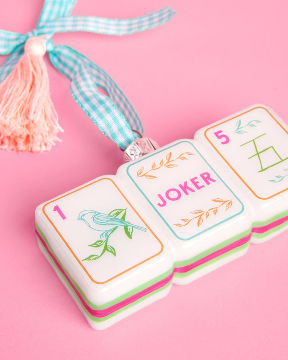 Mahjong Gingham Bow Glass Ornament