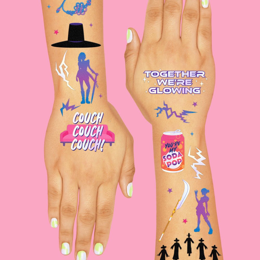 Takedown temporary tattoo set by xo Fetti with warrior silhouettes, ramen, soda, and glowing slogans, two sheets
