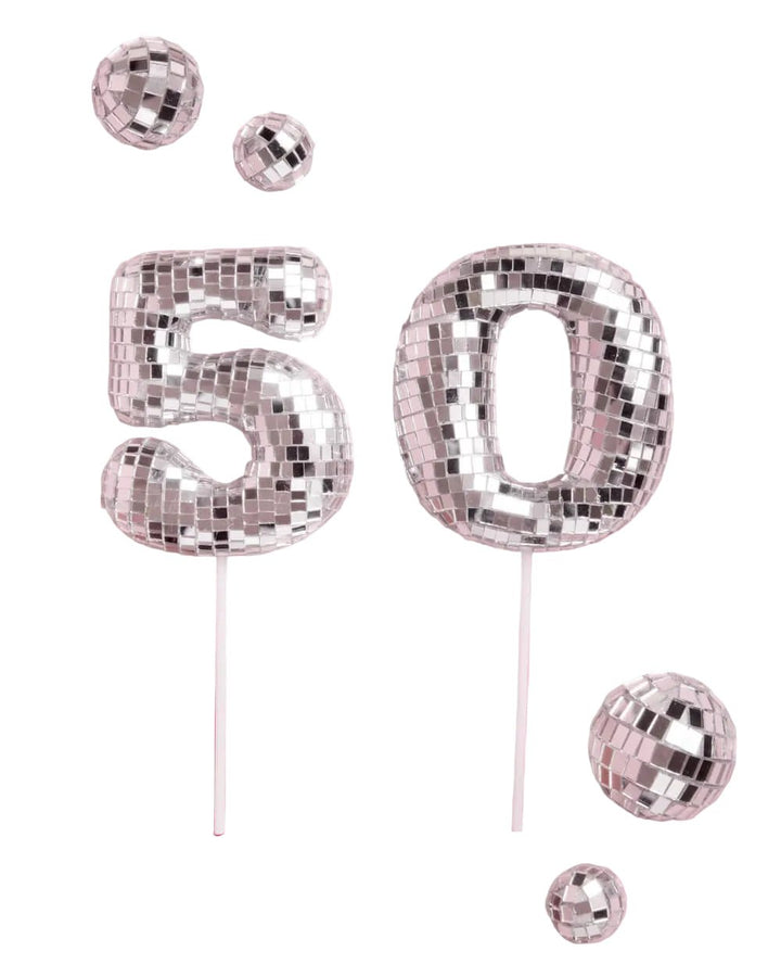 Mirrored disco ball 50 cake topper with loose mini disco balls