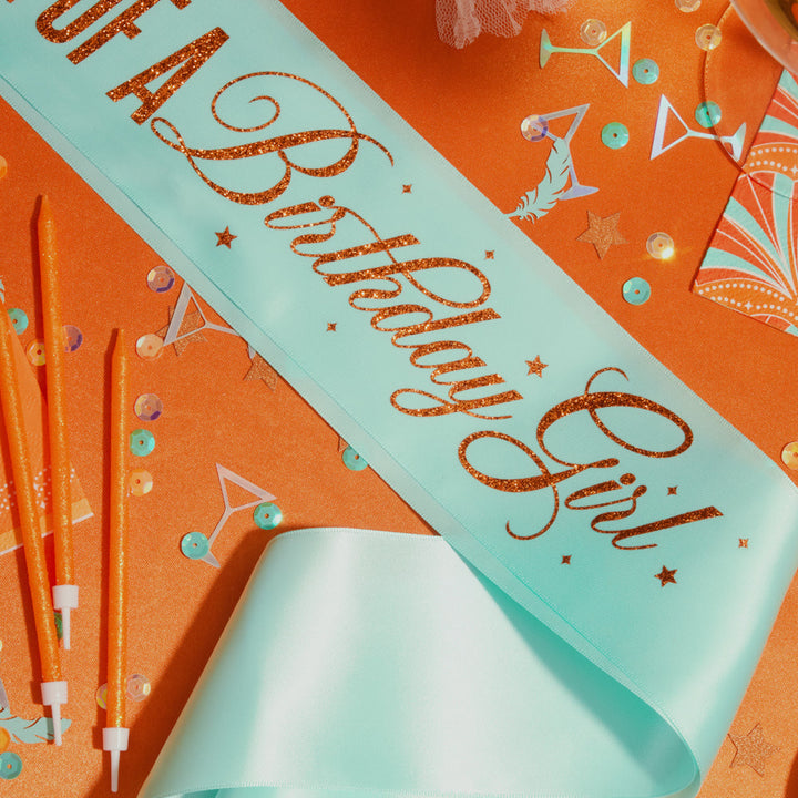 Life of A Birthday Girl Sash - teal sash + orange foil xo, Fetti sash Life of A Birthday Girl Sash - teal sash + orange foil Bonjour Fete - Party Supplies