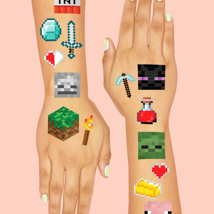 Pixel mining gamer temporary tattoo sheets by xo Fetti with pixel blocks, TNT, swords, and mob faces