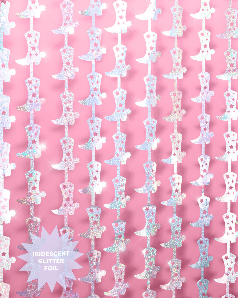 Silver iridescent cowgirl boot curtain strands with star cutouts, labeled iridescent glitter foil