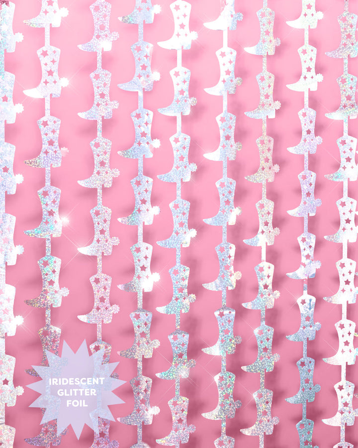 Silver iridescent cowgirl boot curtain strands with star cutouts, labeled iridescent glitter foil