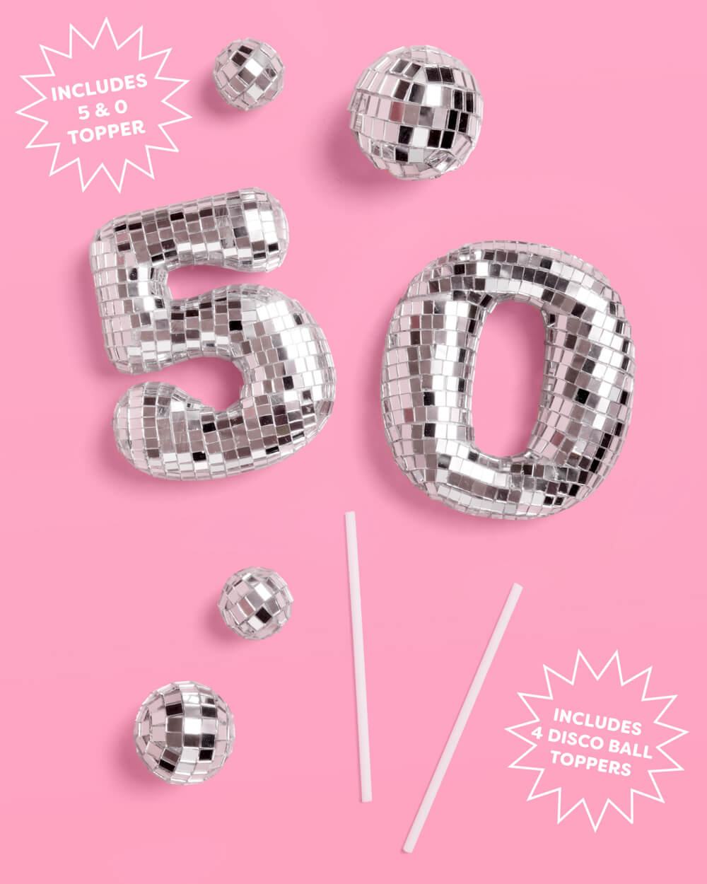 Close view of the mirrored disco tiles on the 50 cake topper