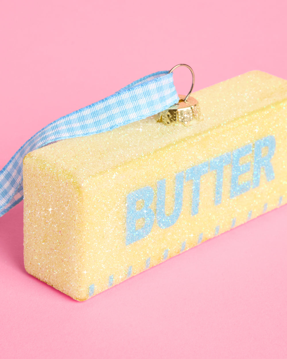Butter Believe It Ornament - yellow glitter glass ornament