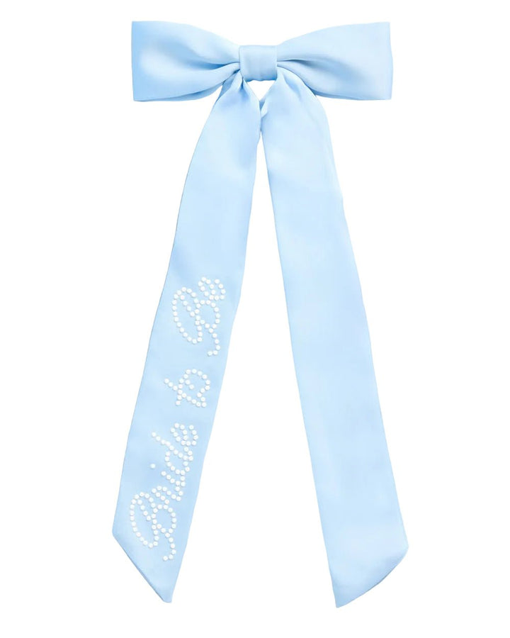 Bride To Be Pearl Bow - light blue satin + pearl logo xo, Fetti bow Bride To Be Pearl Bow - light blue satin + pearl logo Bonjour Fete - Party Supplies