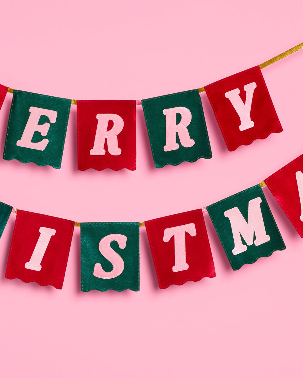 Merry Christmas velvet flag banner on a gold hanging cord