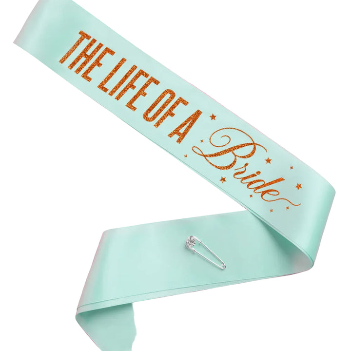 Life of A Bride Sash - aqua satin with orange foil xo, Fetti sash Life of A Bride Sash - aqua satin with orange foil Bonjour Fete - Party Supplies