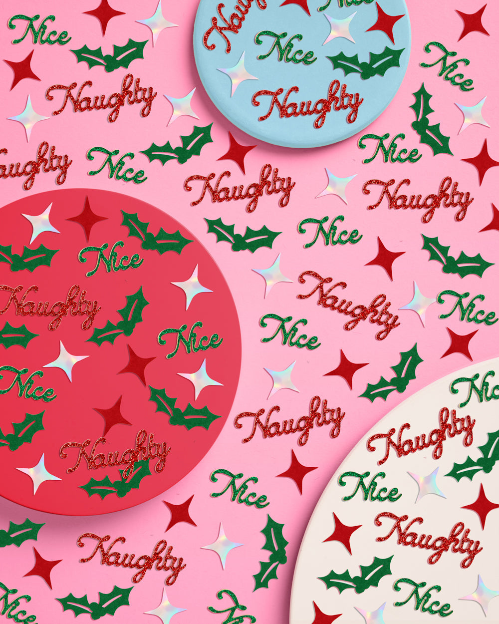 The Naughty and Nice glitter script confetti words in red and green