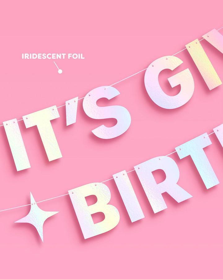 Close view of the iridescent foil lettering on the birthday banner