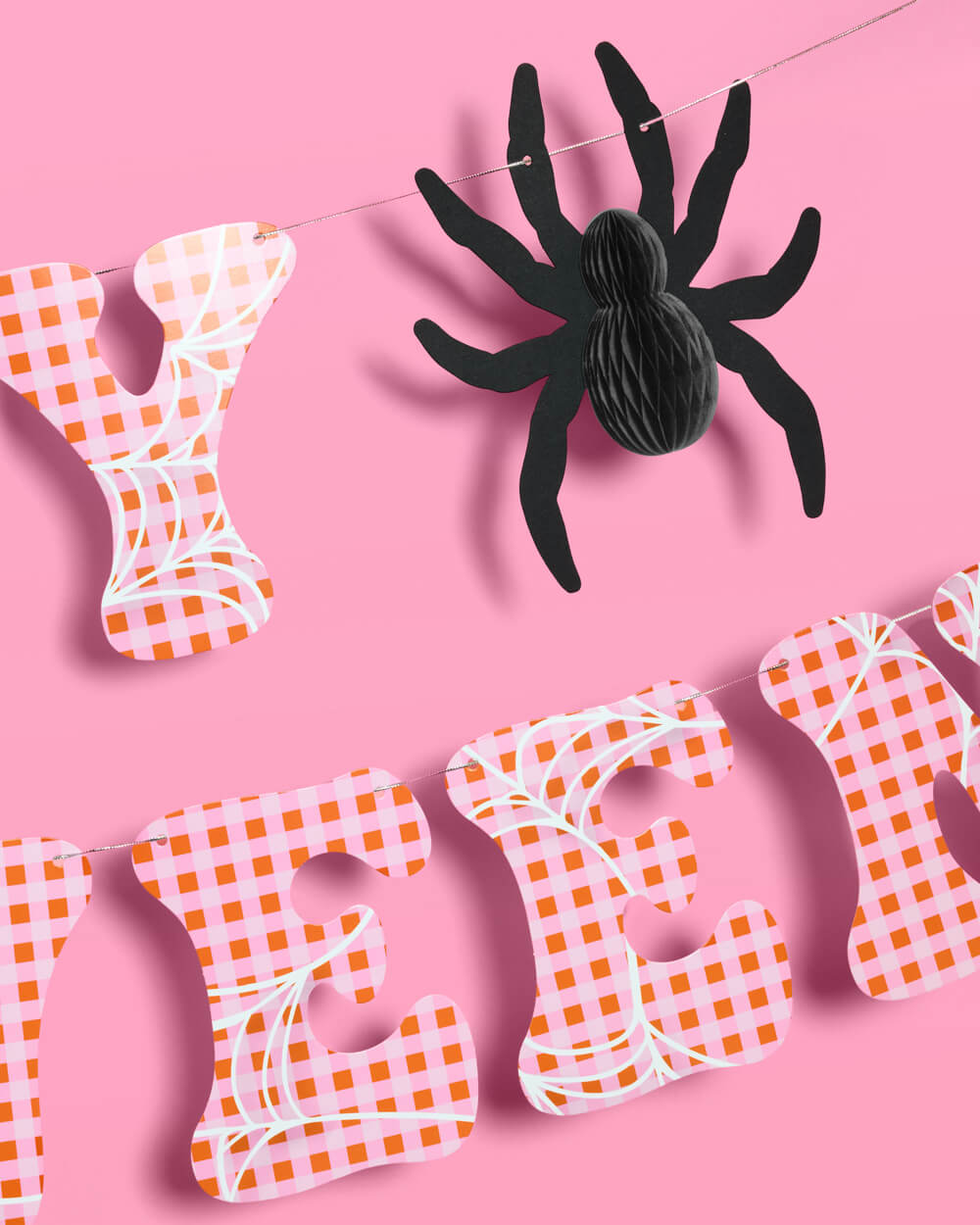 Pink Halloween Banner - pink gingham + spider banner