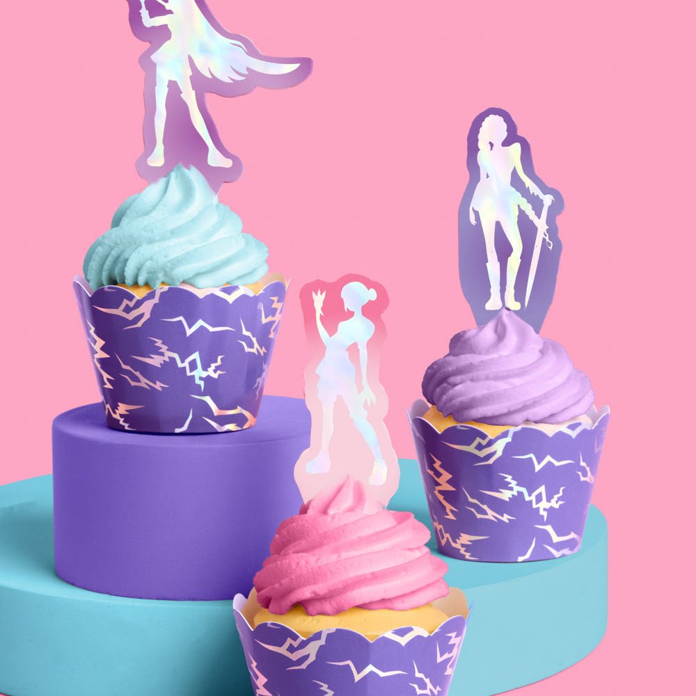 Takedown cupcake toppers and wrappers by xo Fetti in purple lightning print with Together We're Glowing toppers