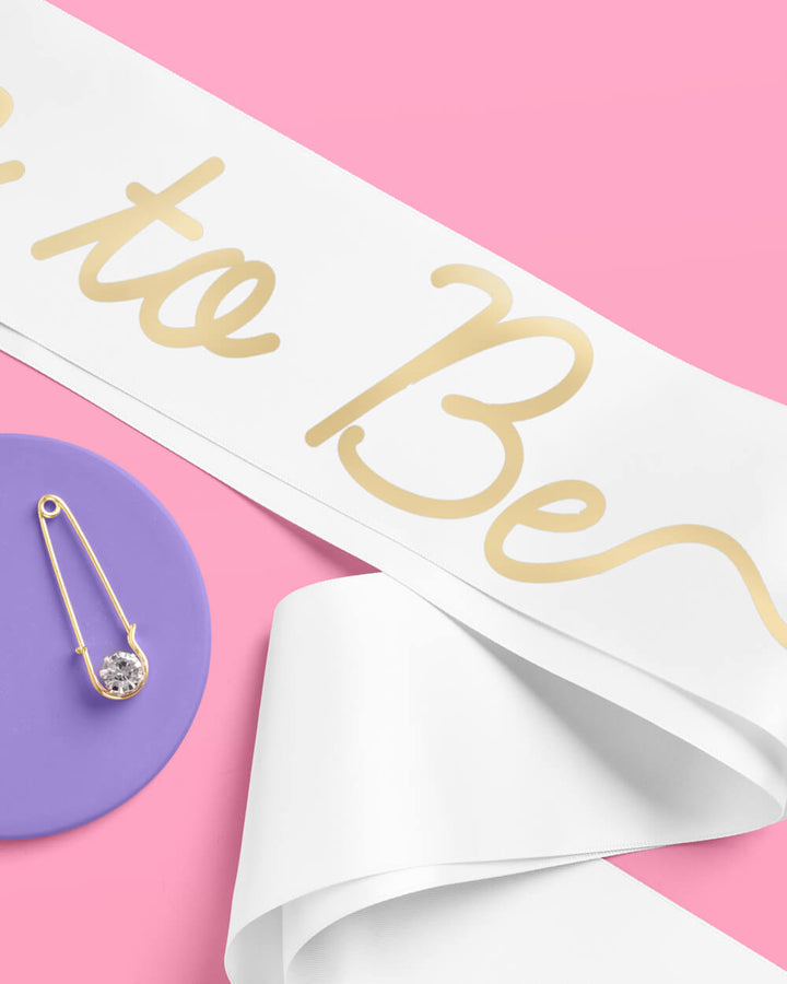 White satin maternity sash for a baby shower