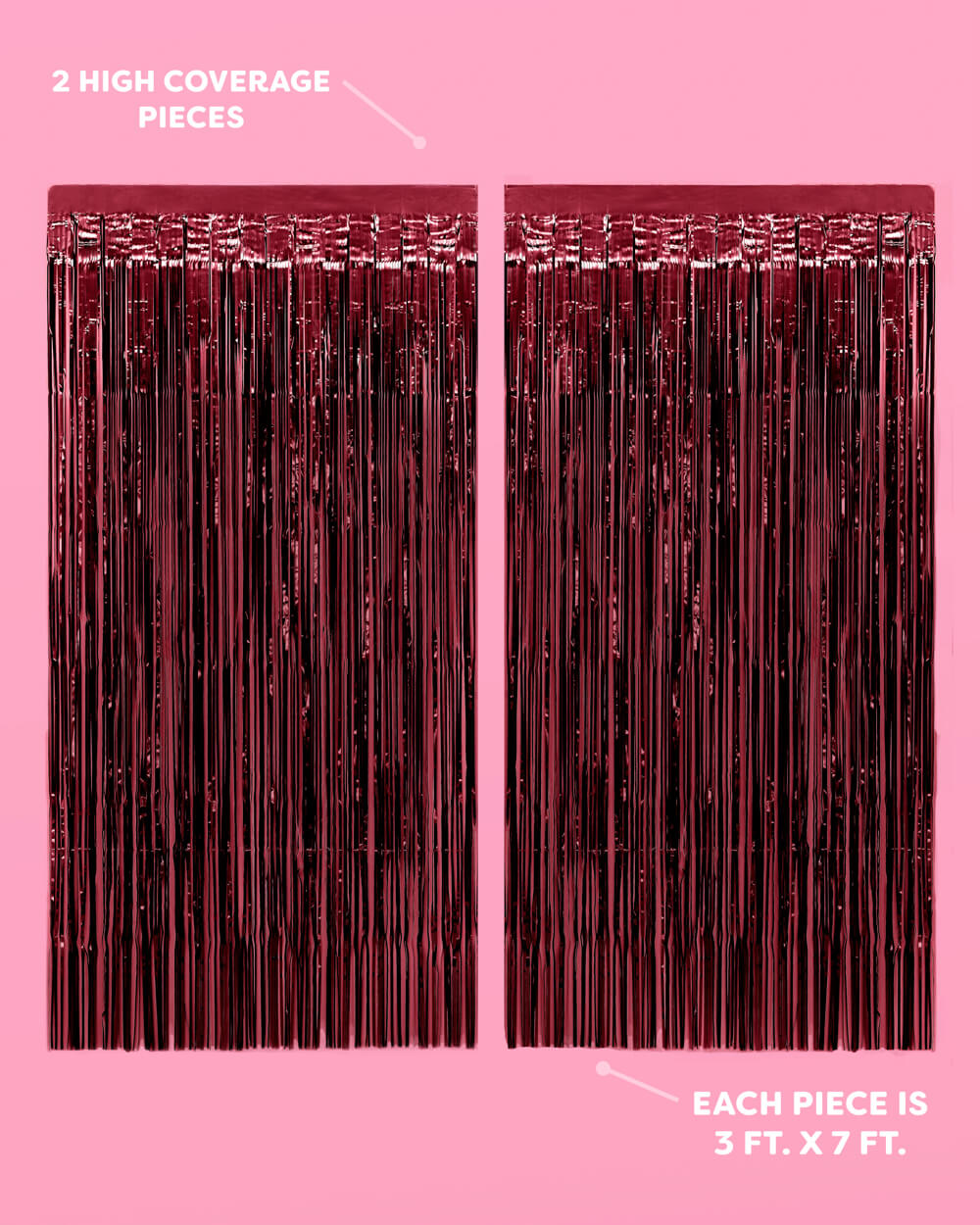 Burgundy foil fringe curtain infographic showing two high coverage panels on a pink wall