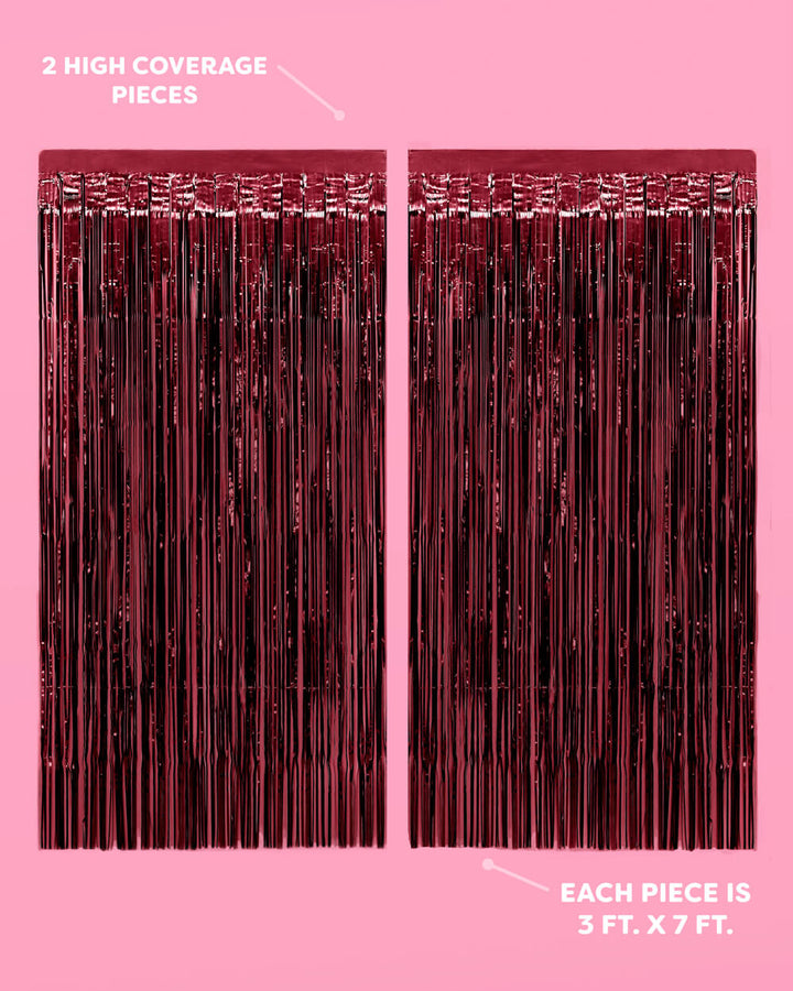 Burgundy foil fringe curtain infographic showing two high coverage panels on a pink wall