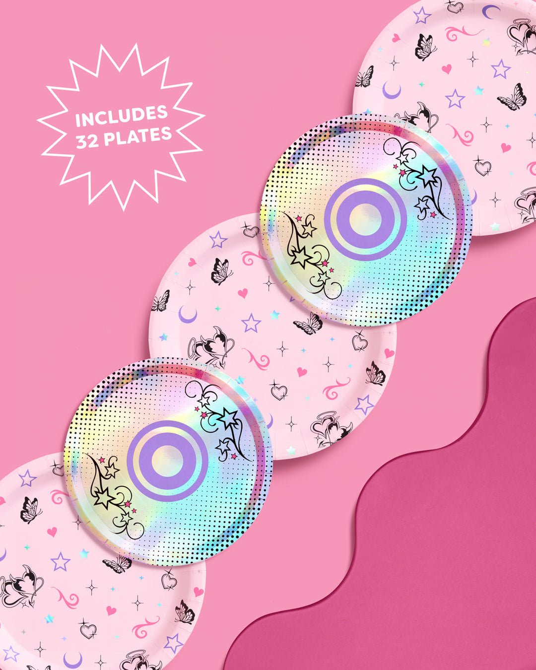 Pink butterfly and iridescent CD Y2K paper plates arranged in a wave, labeled 32 plates