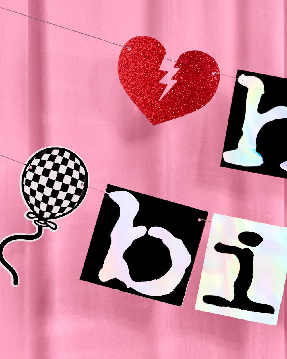Red glitter broken heart and black and white checkered balloon icon from the emo birthday banner
