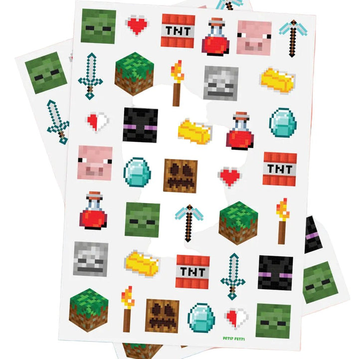 Pixel mining gamer temporary tattoo sheets by xo Fetti with pixel blocks, TNT, swords, and mob faces