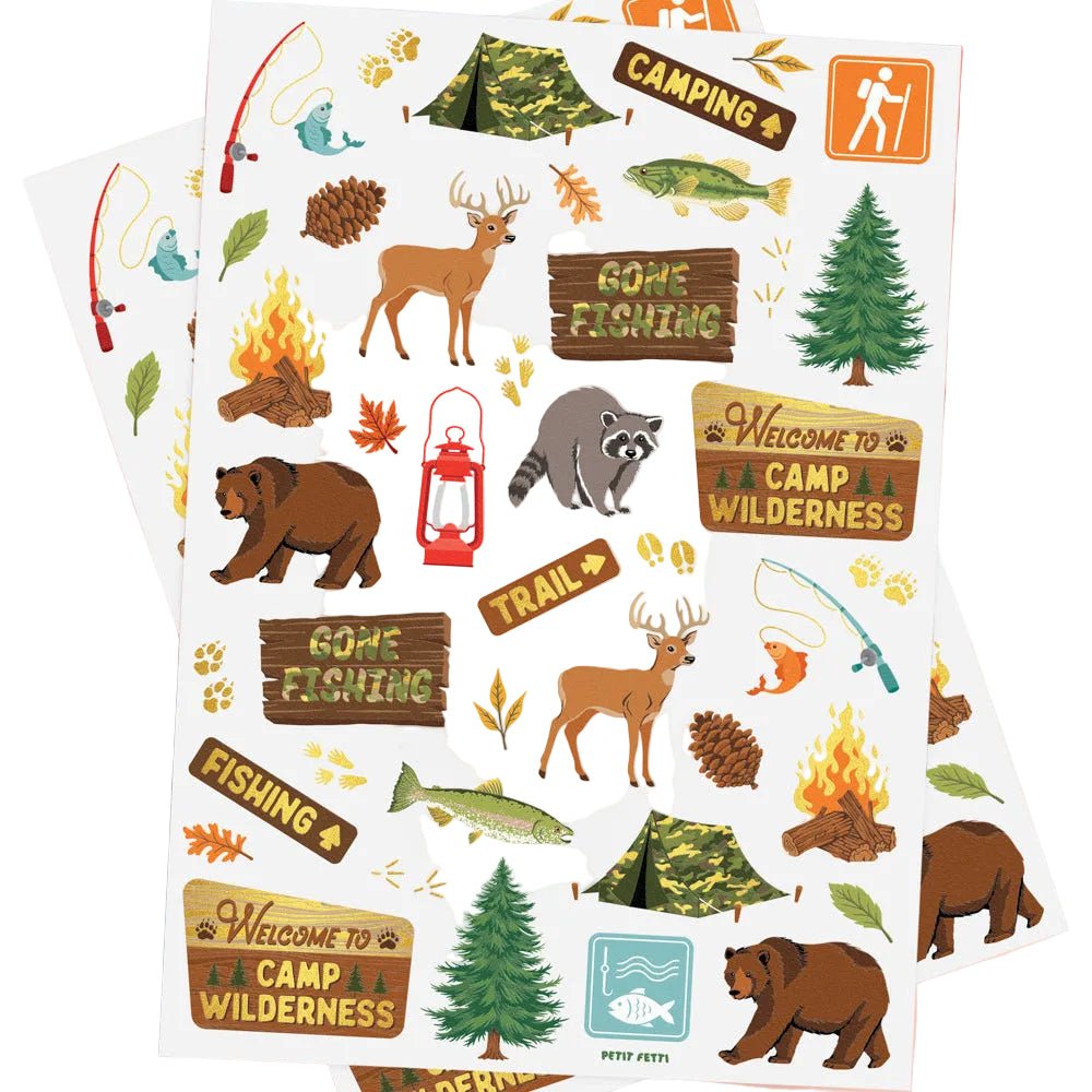 Happy Camper temporary tattoo set by xo Fetti with deer, bears, tents, campfires, and camp wilderness designs, two sheets
