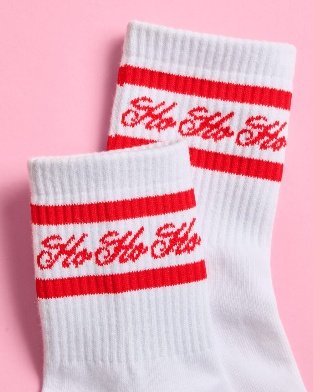 Ho Ho Ho grip socks folded to show the red and white striped cuff and the script lettering
