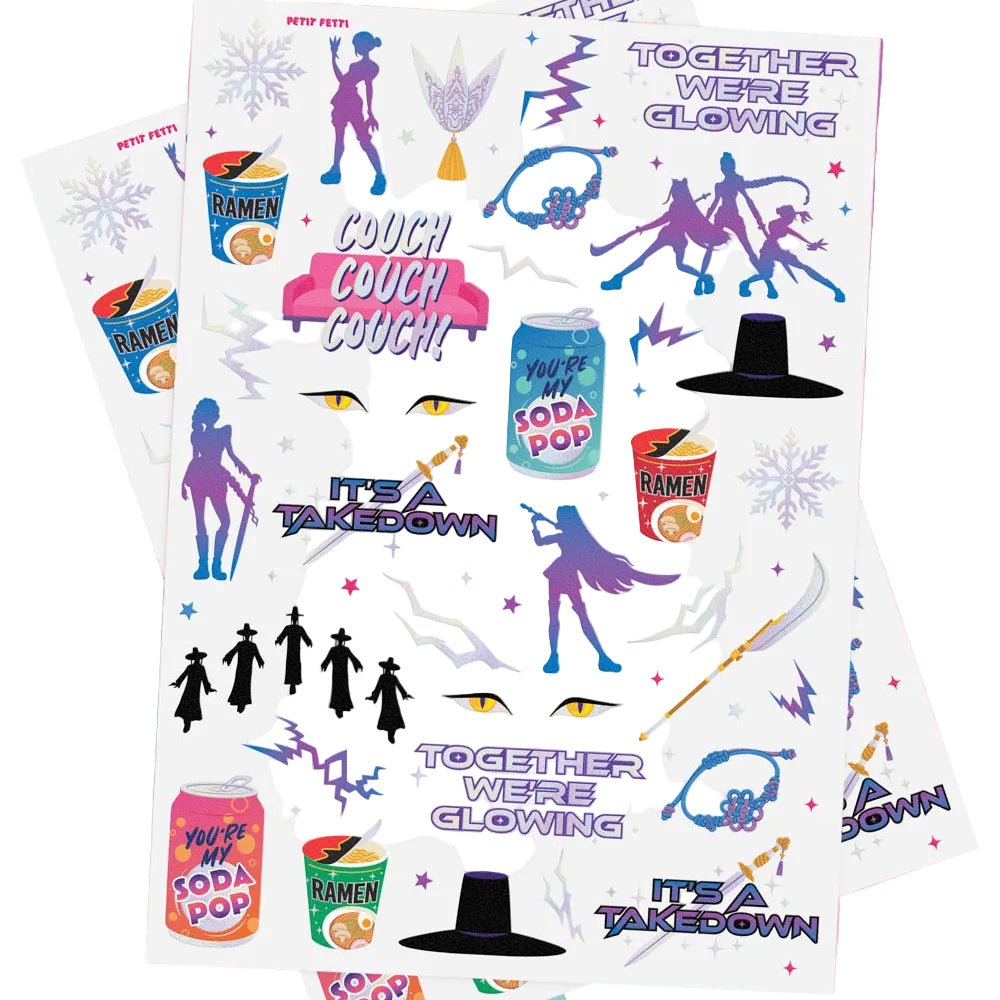 Takedown temporary tattoo set by xo Fetti with warrior silhouettes, ramen, soda, and glowing slogans, two sheets