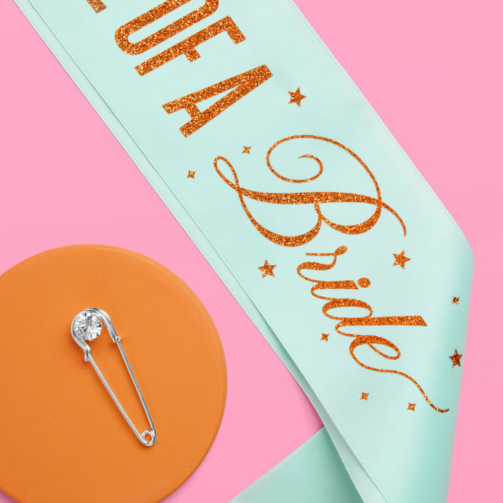 Life of A Bride Sash - aqua satin with orange foil xo, Fetti sash Life of A Bride Sash - aqua satin with orange foil Bonjour Fete - Party Supplies