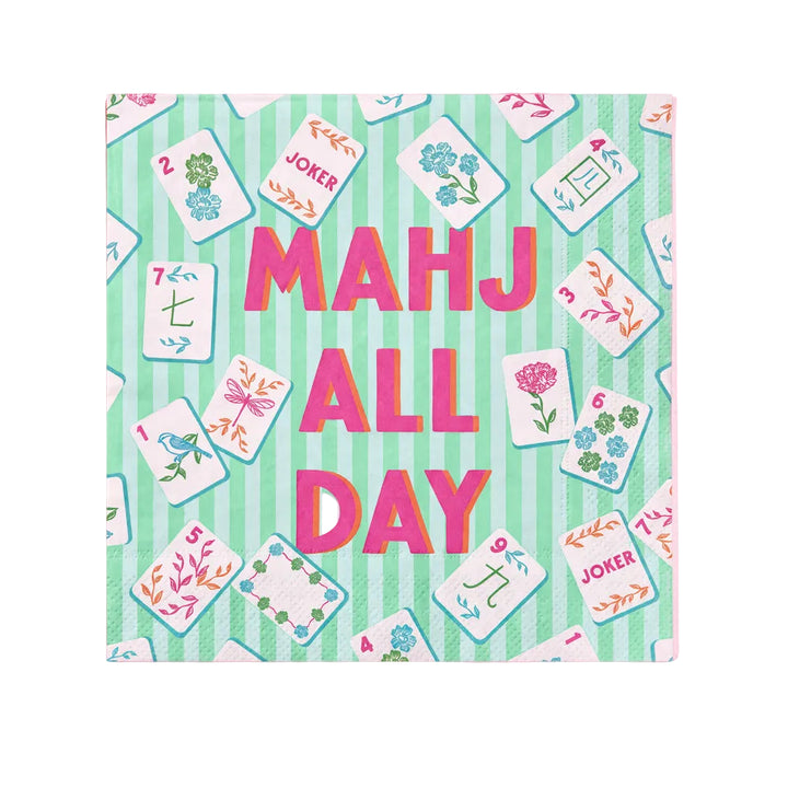 A square paper napkin with a pastel green and white striped background, scattered illustrated playing cards, and large pink text reading 'MAHJ ALL DAY' on a solid pink background.