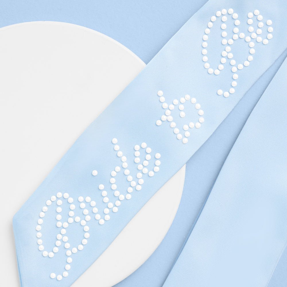 Bride To Be Pearl Bow - light blue satin + pearl logo xo, Fetti bow Bride To Be Pearl Bow - light blue satin + pearl logo Bonjour Fete - Party Supplies