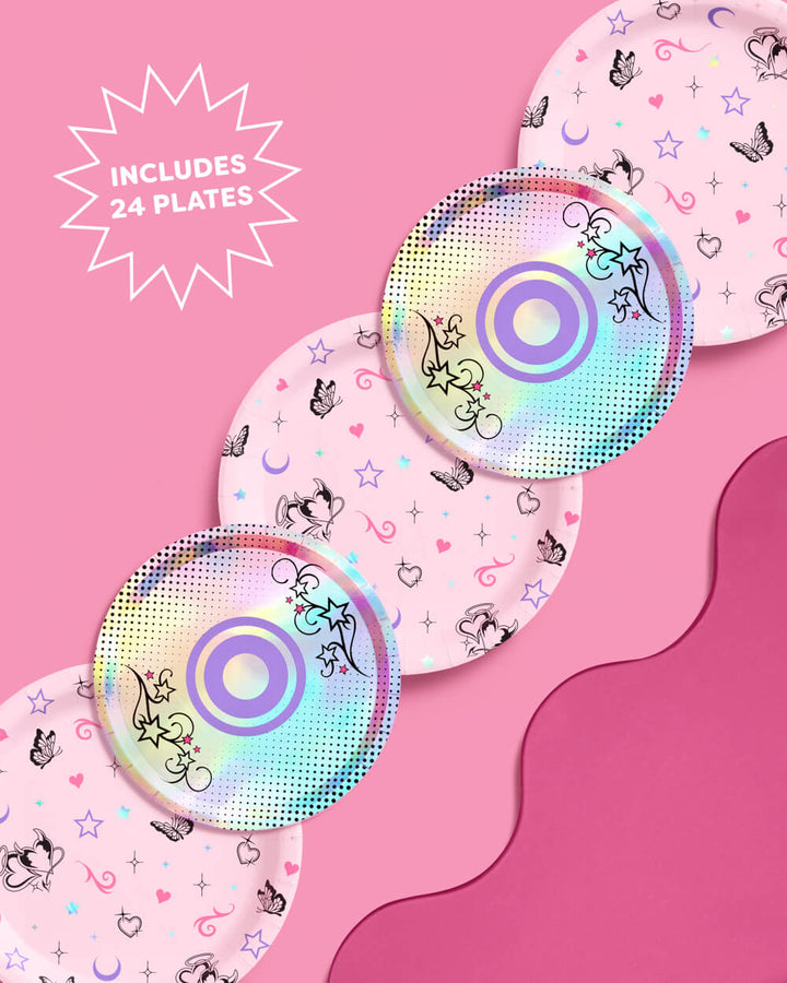 Pink butterfly and iridescent CD Y2K paper plates arranged in a wave on a pink background