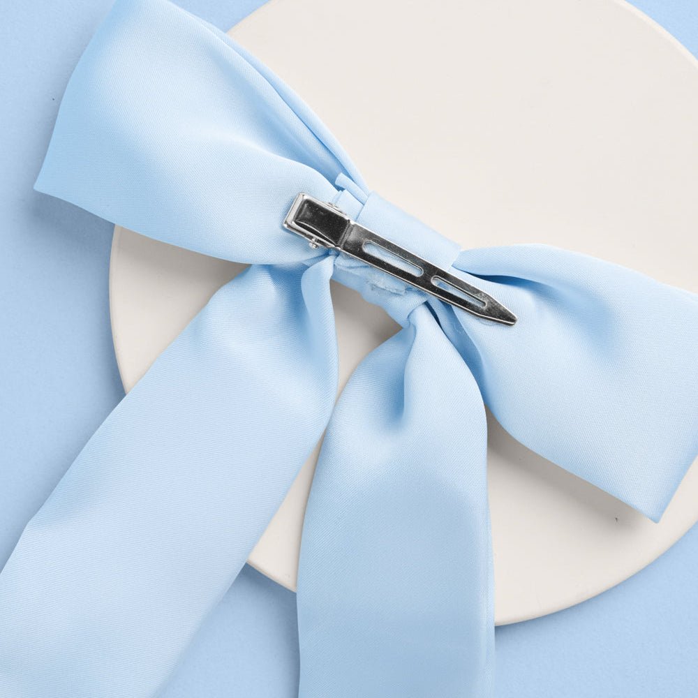 Bride To Be Pearl Bow - light blue satin + pearl logo xo, Fetti bow Bride To Be Pearl Bow - light blue satin + pearl logo Bonjour Fete - Party Supplies