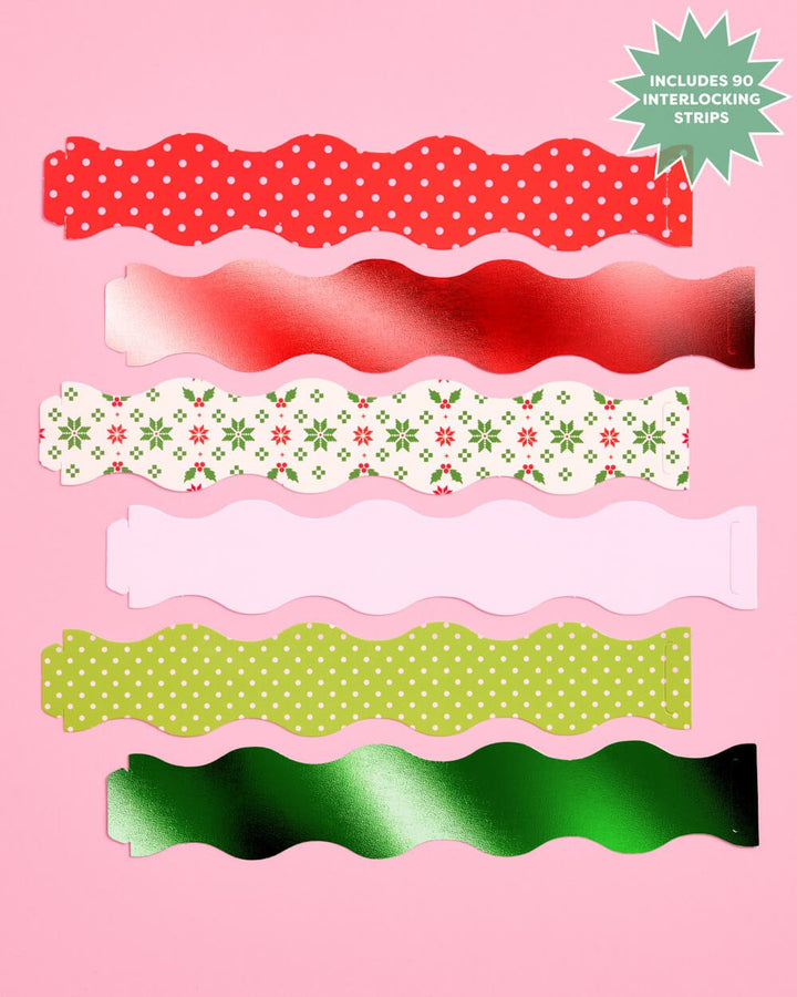 The paper chain strip designs including polka dots, fairisle, and metallic wavy cuts